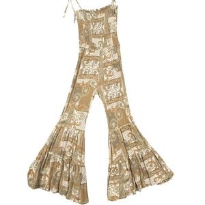 STORIA Jumpsuit Womens Small Beige Paisley Smocked Ruffle Flare Leg Boho Retro